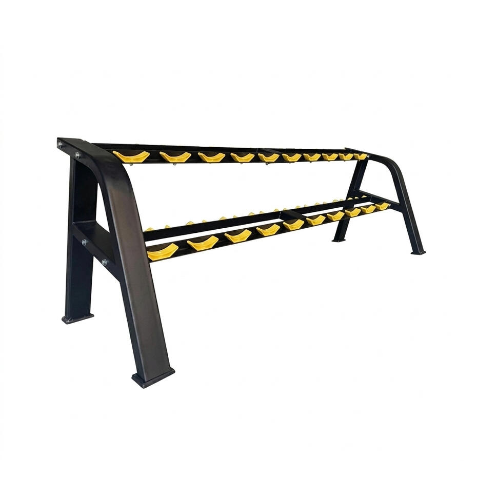 Commercial heavy-duty 2-tier black steel dumbbell rack with yellow protective saddles for weight storage, manufactured by source factory. Protective Saddle/Cradle Design: High-contrast yellow saddles hold individual dumbbells securely, preventing rolling,
