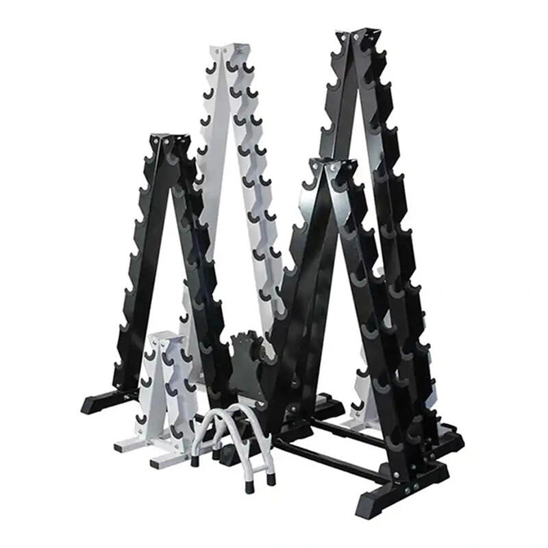 Heavy-duty black steel A-frame dumbbell rack stand with 3 tiers for commercial gym weight storage, manufactured by source factory, industrial Steel Weight Stand, High-End Steel Storage, 3-Tier Weight Storage Stand, Cast iron