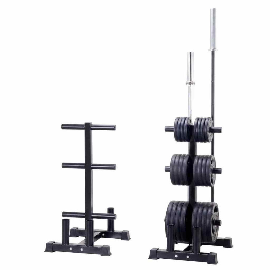 Commercial Olympic weight plate tree storage rack with vertical barbell posts for gym equipment