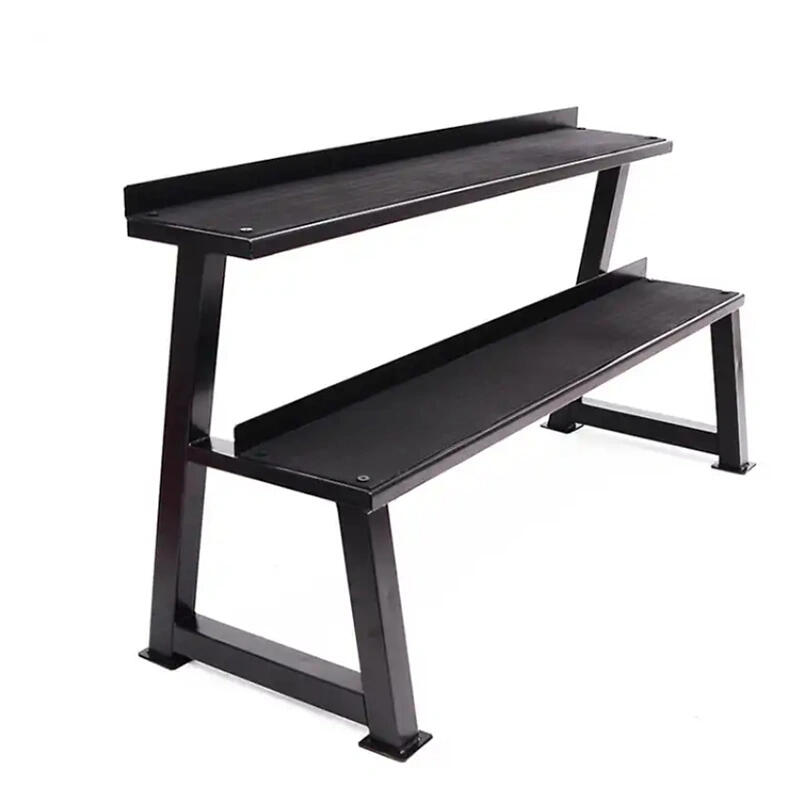 Commercial heavy-duty 2-tier black steel kettlebell storage rack with flat rubber-lined trays, manufactured by source factory.