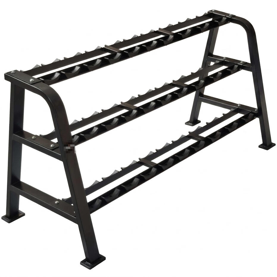Commercial heavy-duty 3-tier black steel kettlebell storage rack with flat rubber-lined trays, manufactured by source factory.