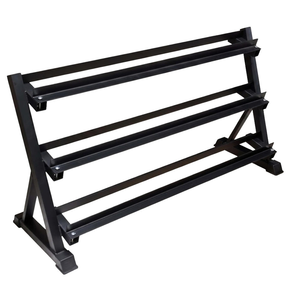 Commercial heavy-duty 3-tier black steel dumbbell rack with angled rail shelves for gym weight storage, manufactured by source factory. Cast iron