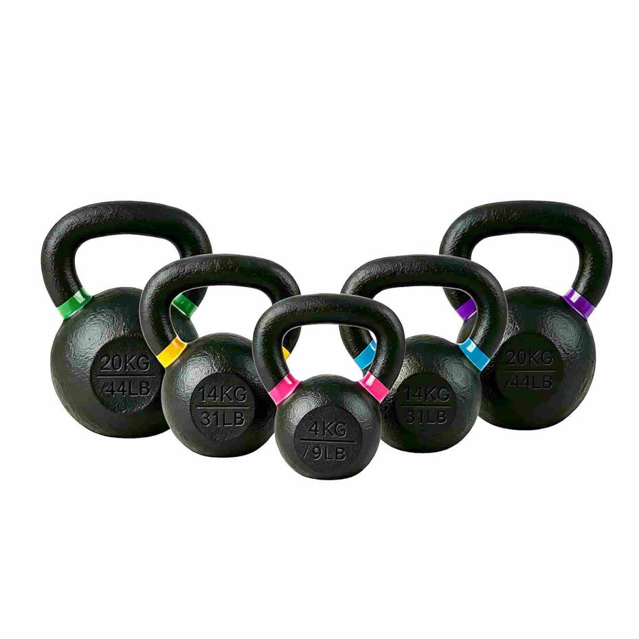 Premium powder coated cast iron kettlebell with color coded rings for commercial crossfit gym