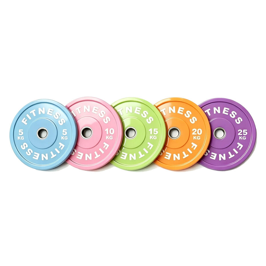 Pastel colored rubber bumper plates set, 5kg-25kg color-coded weightlifting plates for home gym strength training, Wholesale, factory direct supply, Macaron color rubber bumper weight plates, shock-absorbing color-coded Olympic barbell plates for home work