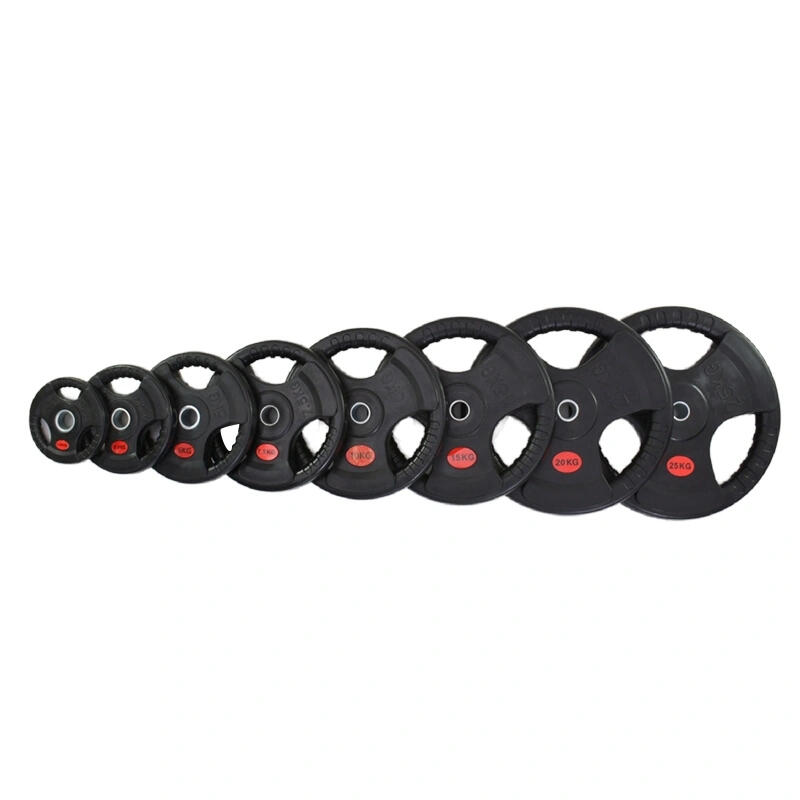 rubber coated weight plate, solid cast iron core with a durable rubber coating, featuring three grip holes for easy handling, home gym strength training, wholesale, factory direct supply