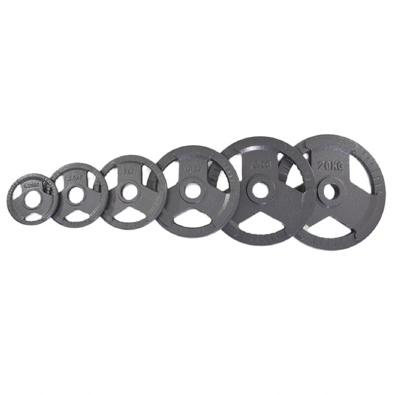triple holes baking varnish weight plate, solid cast iron core with a durable rubber coating, featuring three grip holes for easy handling, wholesale, factory direct supply, baking varnish barbell set, home gym strength training