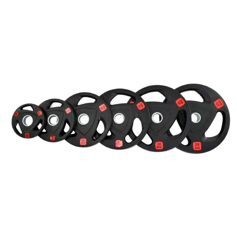 Tri grip Olympic weight plates with durable rubber casing and 2 inch center hole for gym supply