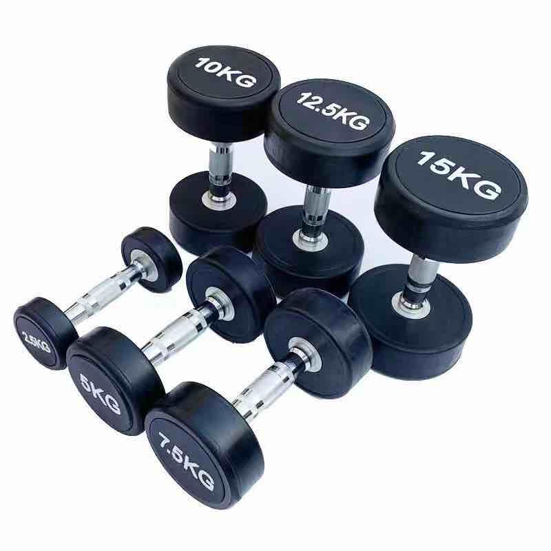 Round rubber dumbbells with cast iron core and weight indicators for commercial fitness supply