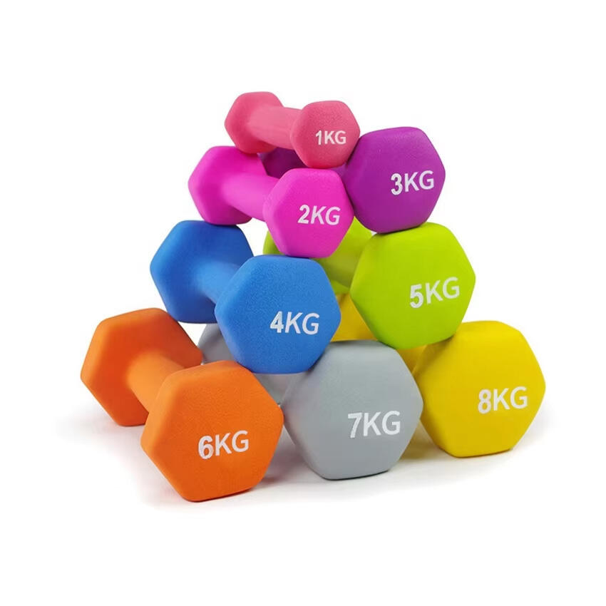 Multi-color hex neoprene dumbbells set, Wholesale neoprene dumbbells, soft grip multi-weight set for home workout, factory direct supply