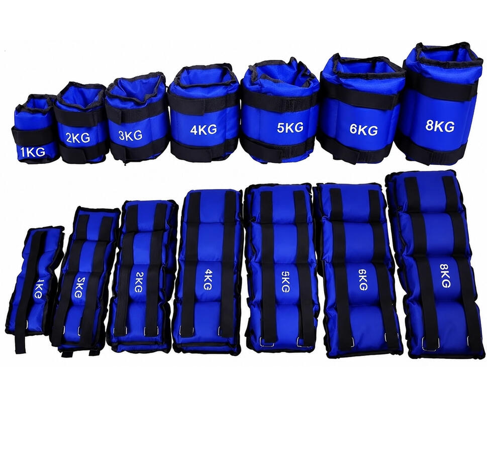 Commercial heavy-duty blue Oxford cloth ankle weights set ranging from 1KG to 8KG for strength training, manufactured by source factory.