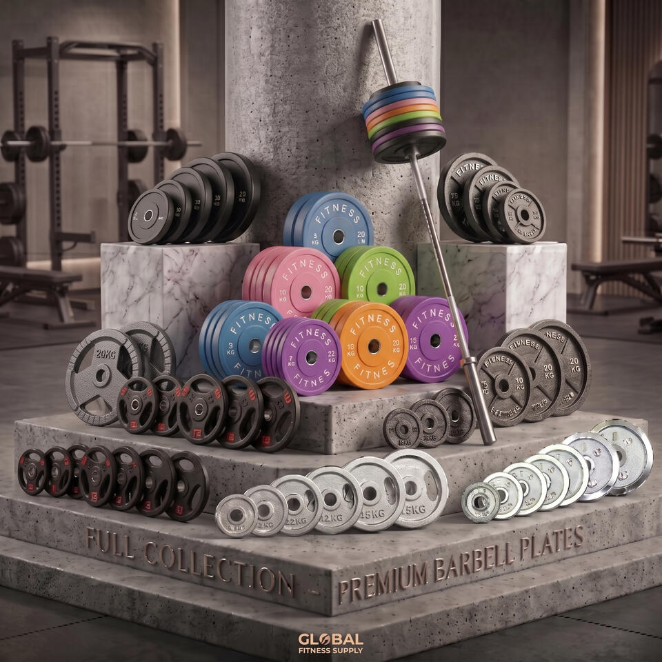 Commercial Olympic weight plate collection in gym showroom, featuring color rubber bumper plates, tri-grip cast iron plates, and chrome steel barbell plates, manufactured by source factory. Strength Training Weight Plates Manufacturer