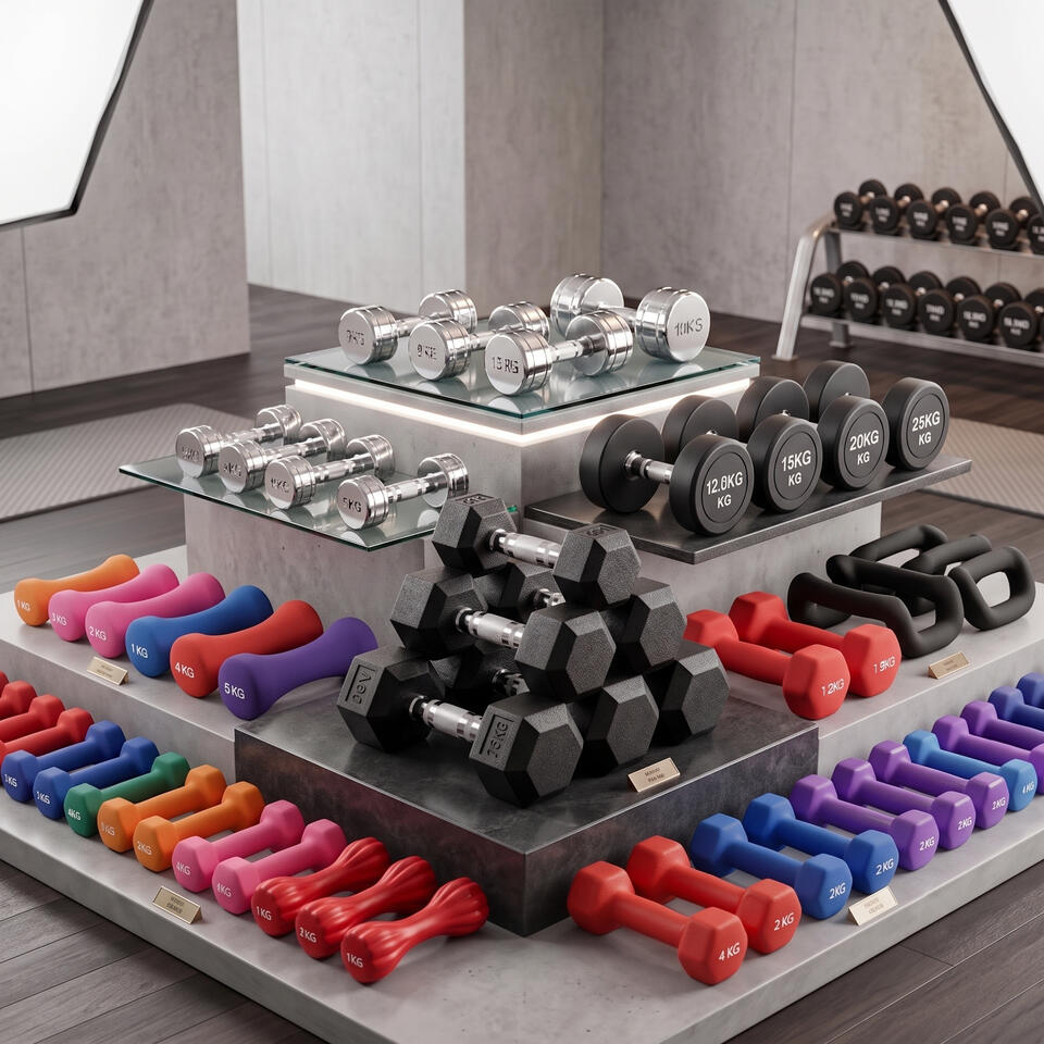 Commercial dumbbell collection in modern showroom, featuring hex rubber dumbbells, chrome steel dumbbells, round rubber dumbbells, and multi-colored neoprene dumbbells, manufactured by source factory. Strength Training Dumbbells Manufacturer