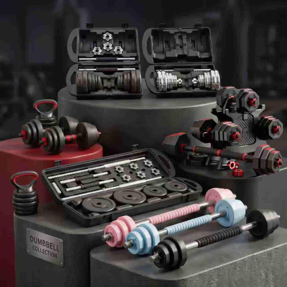 Adjustable dumbbell sets in plastic storage cases with chrome and cast iron options for B2B wholesale