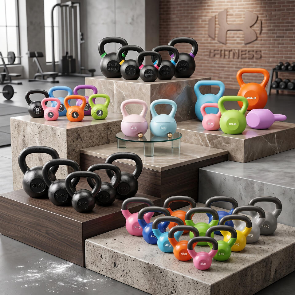 Commercial kettlebell collection in modern gym showroom, featuring black powder-coated cast iron kettlebells, baking varnished kettlebell, vinyl-coated colored kettlebells, colored plastic cement kettlebells and soft colored kettlebells, manufactured by so