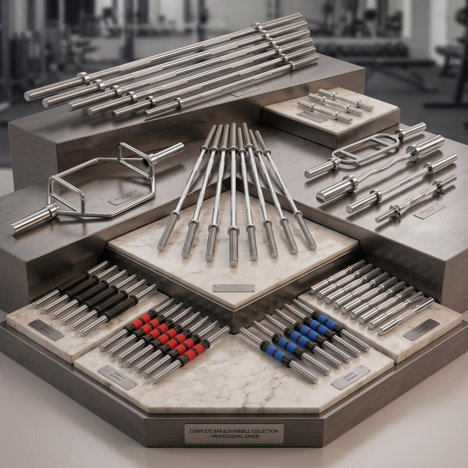 Professional chrome steel barbell and dumbbell bar collection in modern showroom, including Olympic straight bars, EZ curl bars, trap hex bars, and threaded dumbbell bar with rubber grips, manufactured by source factory. Strength Training Bars Manufacturer