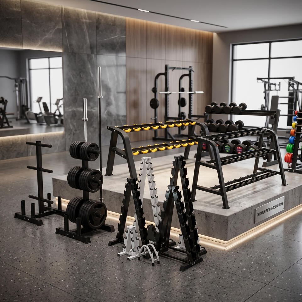 Commercial heavy-duty gym storage rack collection in modern fitness room, featuring A-frame dumbbell racks, 2-tier saddle racks, 3-tier angled dumbbell stands, and Olympic weight plate trees with bar holders, manufactured by source factory.